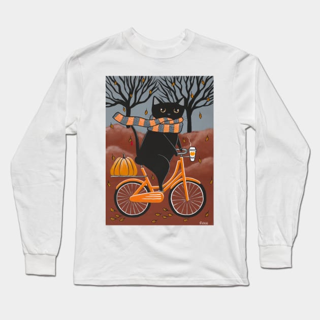Black Cat Autumn Bicycle Ride Long Sleeve T-Shirt by KilkennyCat Art